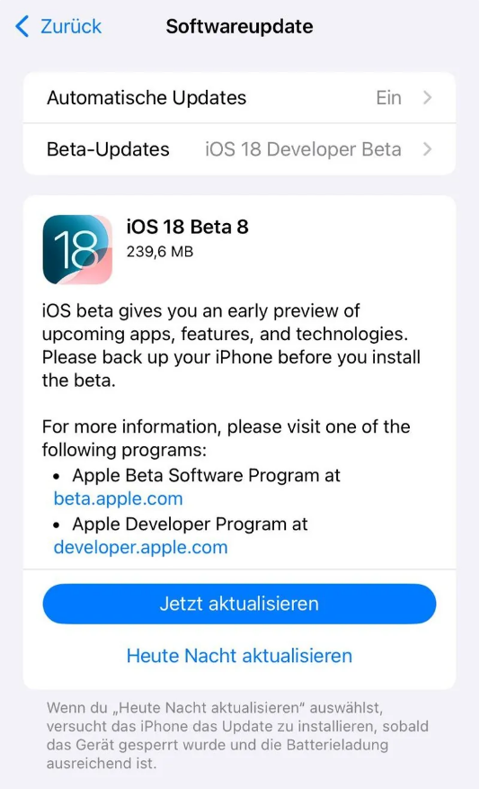 右玉苹果手机维修分享苹果 iOS / iPadOS 18 开发者预览版 Beta 8 发布 